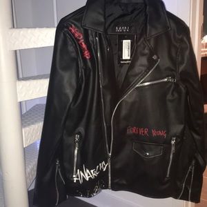 BoohooMAN biker jacket with skull & rose design